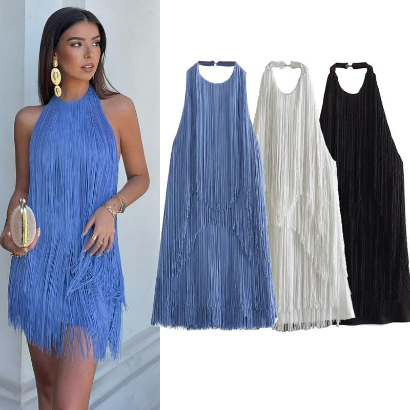Graceful And Fashionable Halter Sleeveless Tassel Skirt Dress - ANIBEY