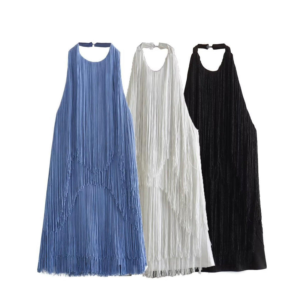 Graceful And Fashionable Halter Sleeveless Tassel Skirt Dress - ANIBEY