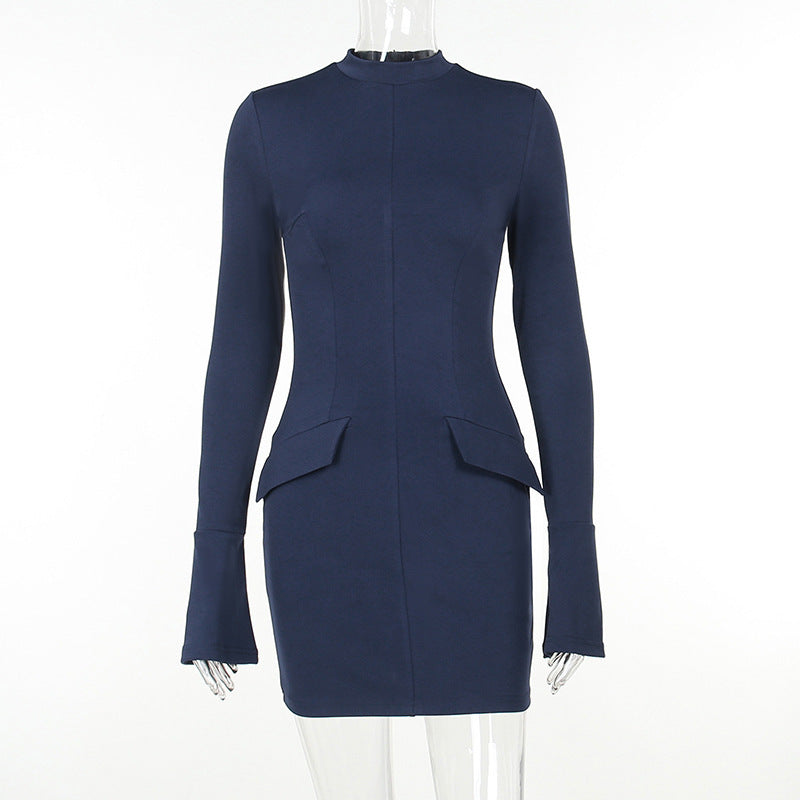 Half-high Collar Long Sleeves Skinny Sheath Women's Dress - ANIBEY