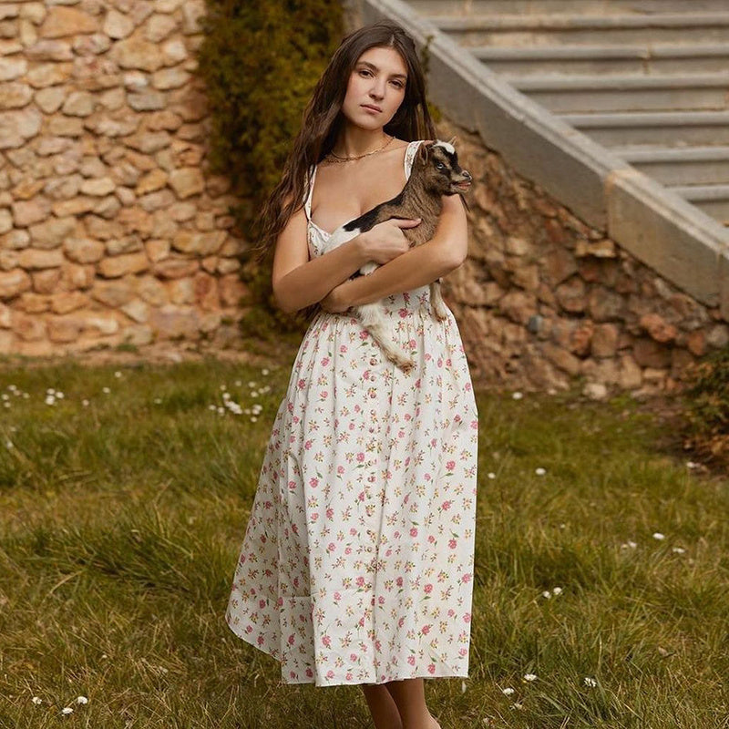 High Waist Temperament Floral Dress Female Button - ANIBEY
