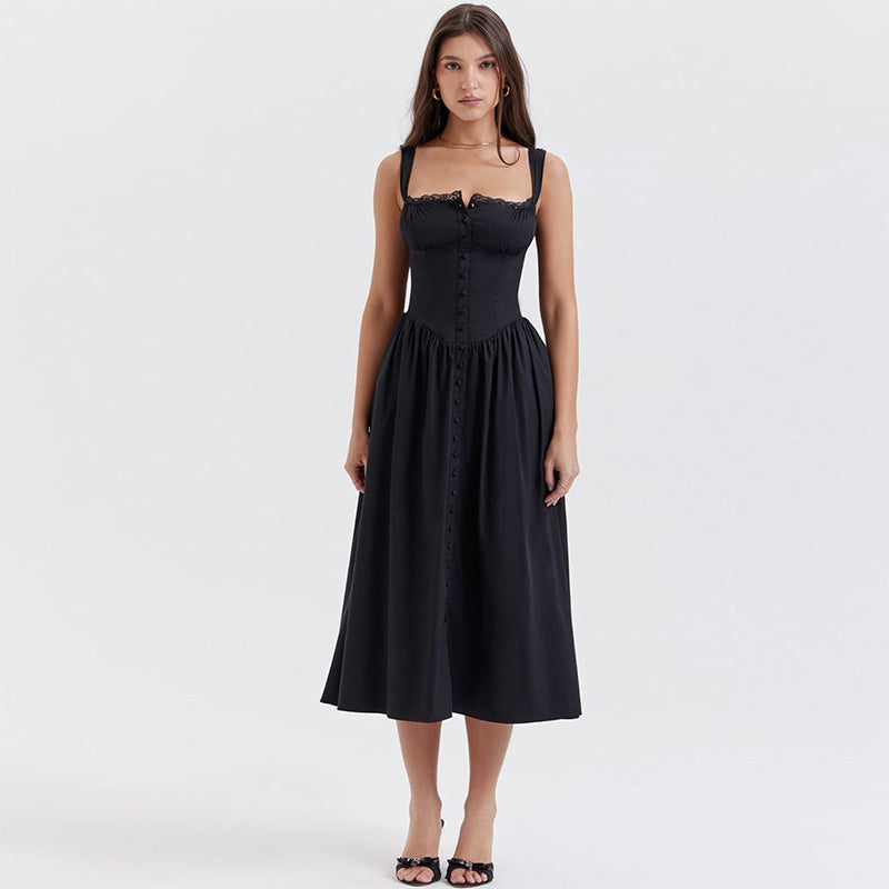 High Waist Temperament Floral Dress Female Button - ANIBEY
