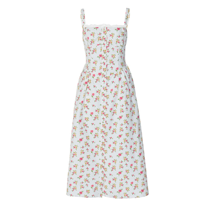 High Waist Temperament Floral Dress Female Button - ANIBEY