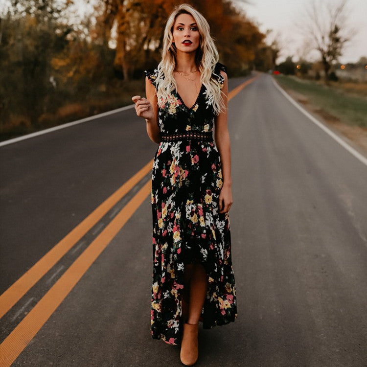 Hollow sweet print dress - ANIBEY