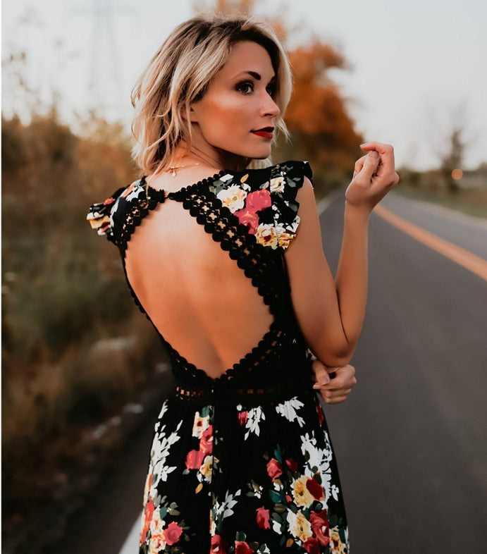 Hollow sweet print dress - ANIBEY