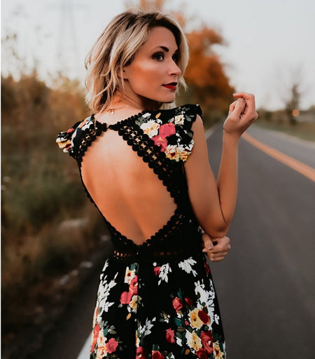 Hollow sweet print dress - ANIBEY