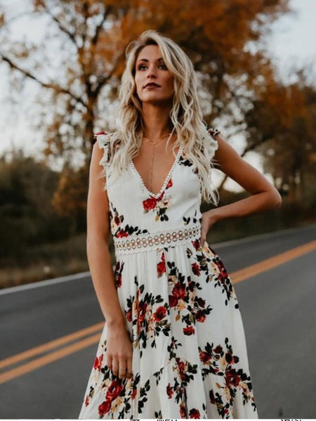 Hollow sweet print dress - ANIBEY