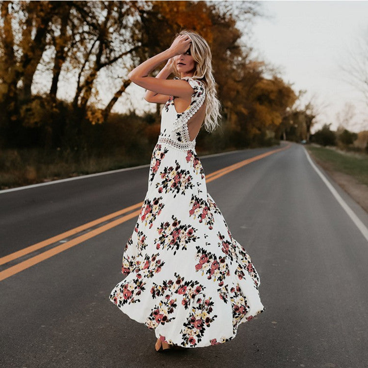 Hollow sweet print dress - ANIBEY