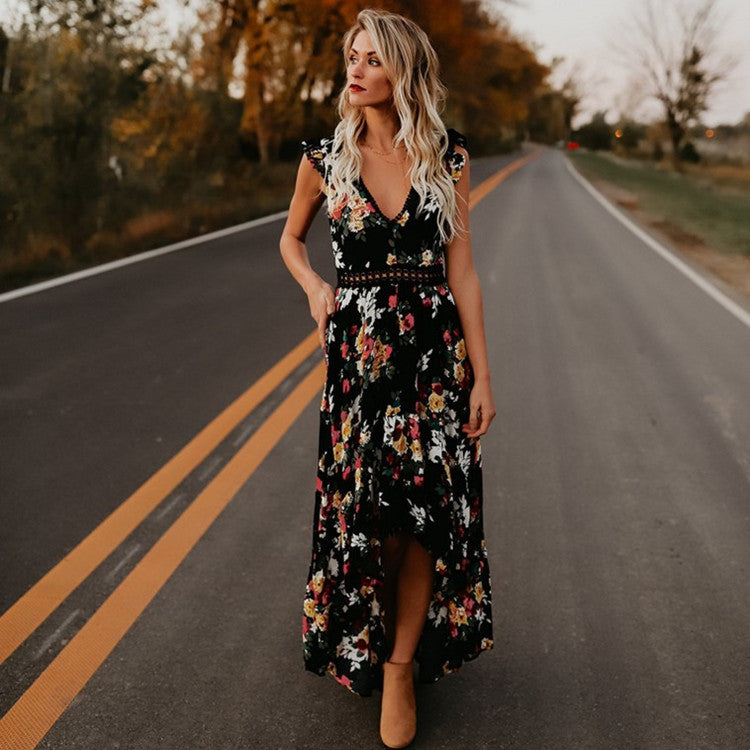 Hollow sweet print dress - ANIBEY