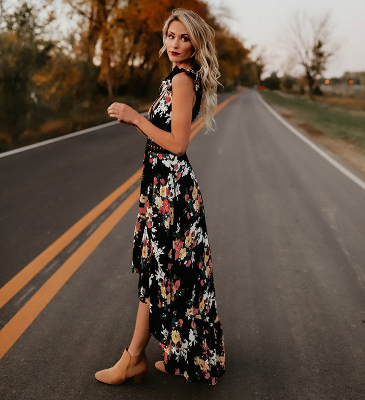 Hollow sweet print dress - ANIBEY