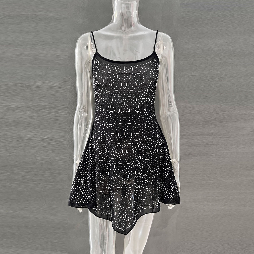 Hot Drilling Semi See-through Sling Short Dress - ANIBEY