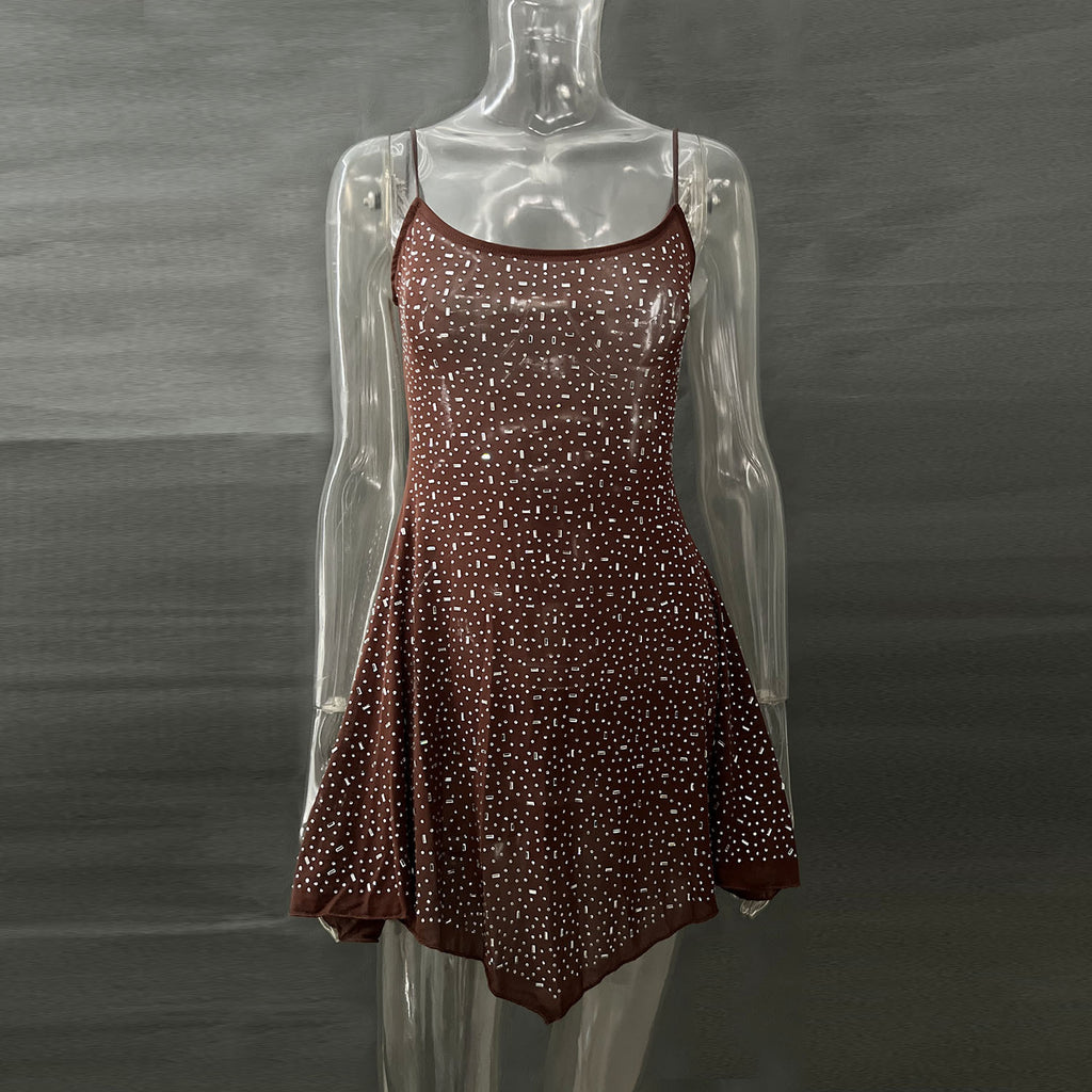 Hot Drilling Semi See-through Sling Short Dress - ANIBEY