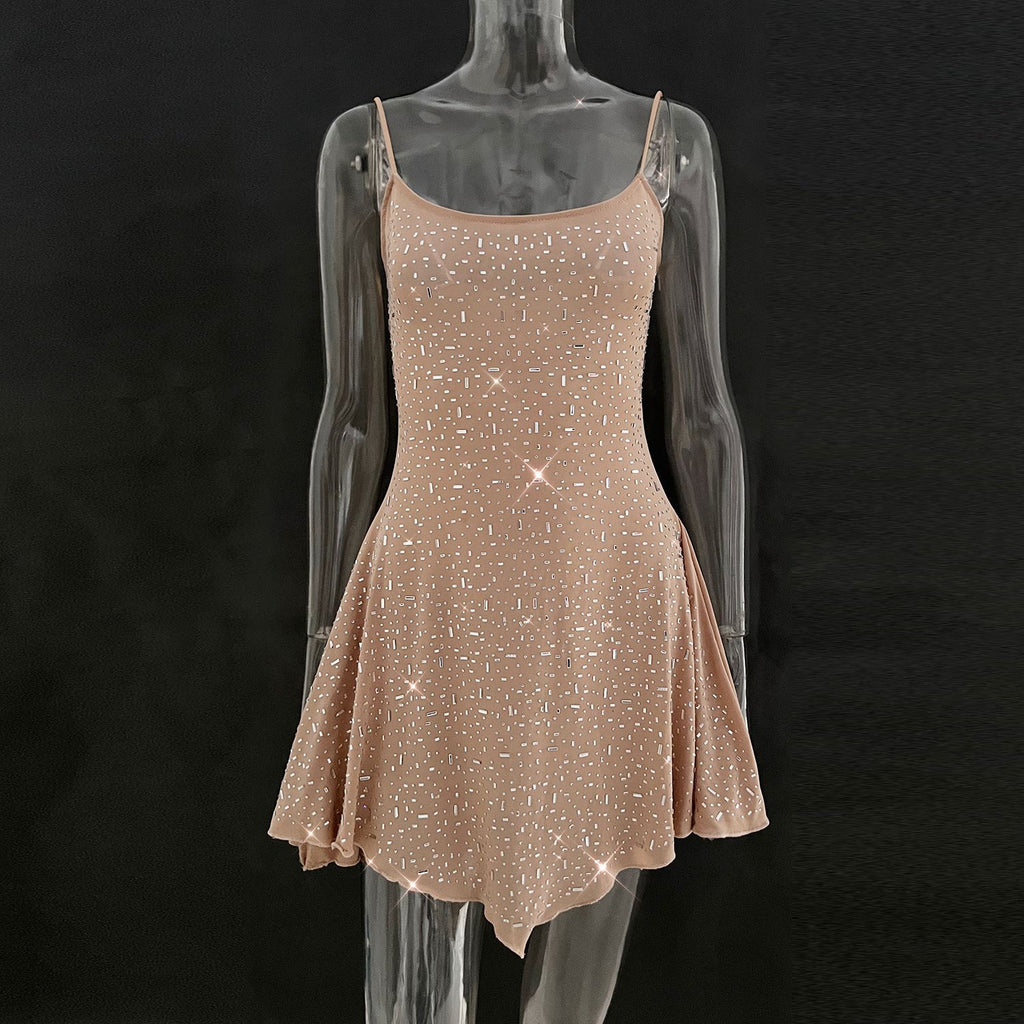 Hot Drilling Semi See-through Sling Short Dress - ANIBEY