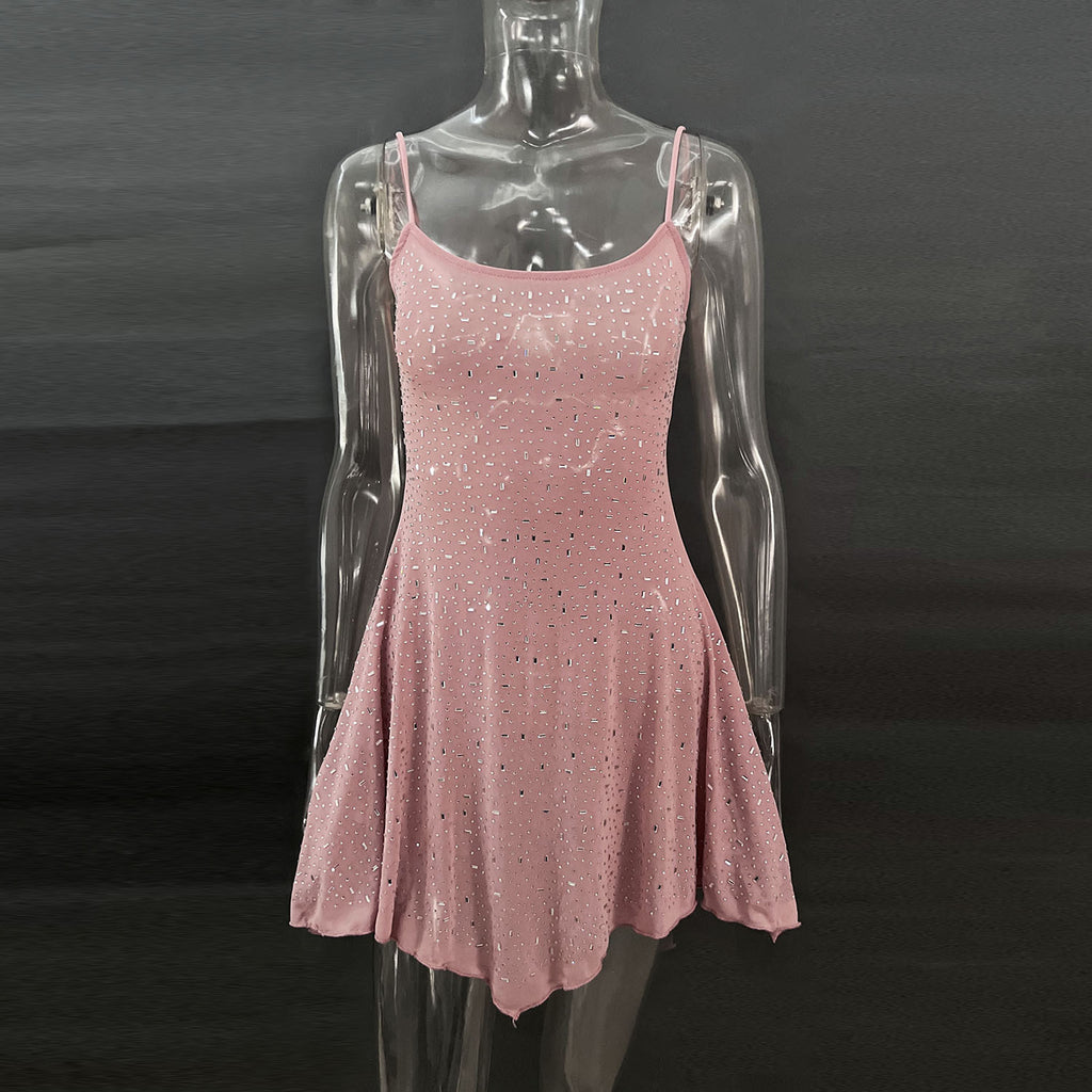Hot Drilling Semi See-through Sling Short Dress - ANIBEY