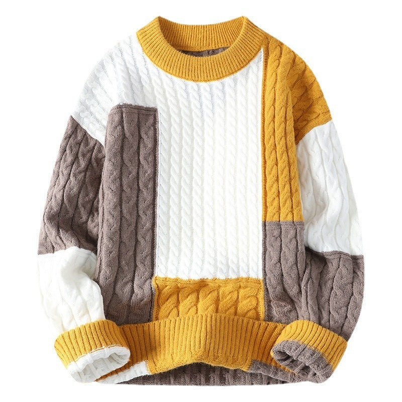 Men's Crew Neck Patchwork Pullover Sweater - ANIBEY