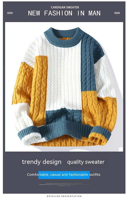 Men's Crew Neck Patchwork Pullover Sweater - ANIBEY
