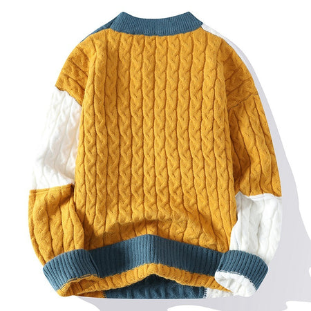 Men's Crew Neck Patchwork Pullover Sweater - ANIBEY