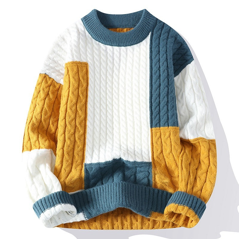 Men's Crew Neck Patchwork Pullover Sweater - ANIBEY