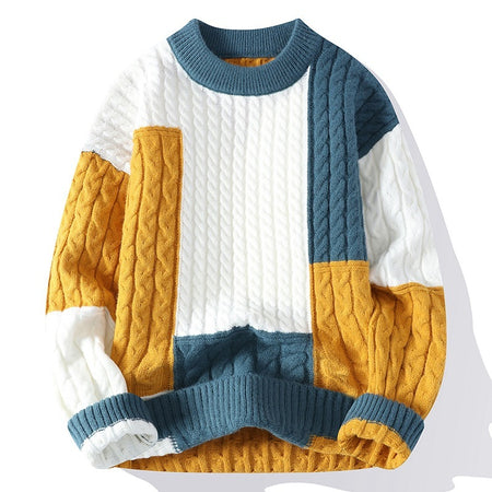 Men's Crew Neck Patchwork Pullover Sweater - ANIBEY