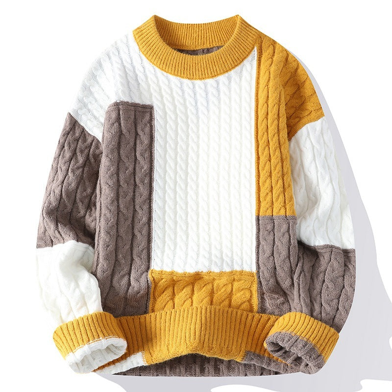 Men's Crew Neck Patchwork Pullover Sweater - ANIBEY