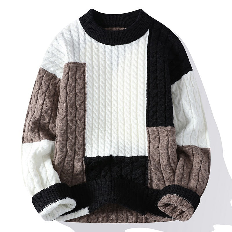Men's Crew Neck Patchwork Pullover Sweater - ANIBEY