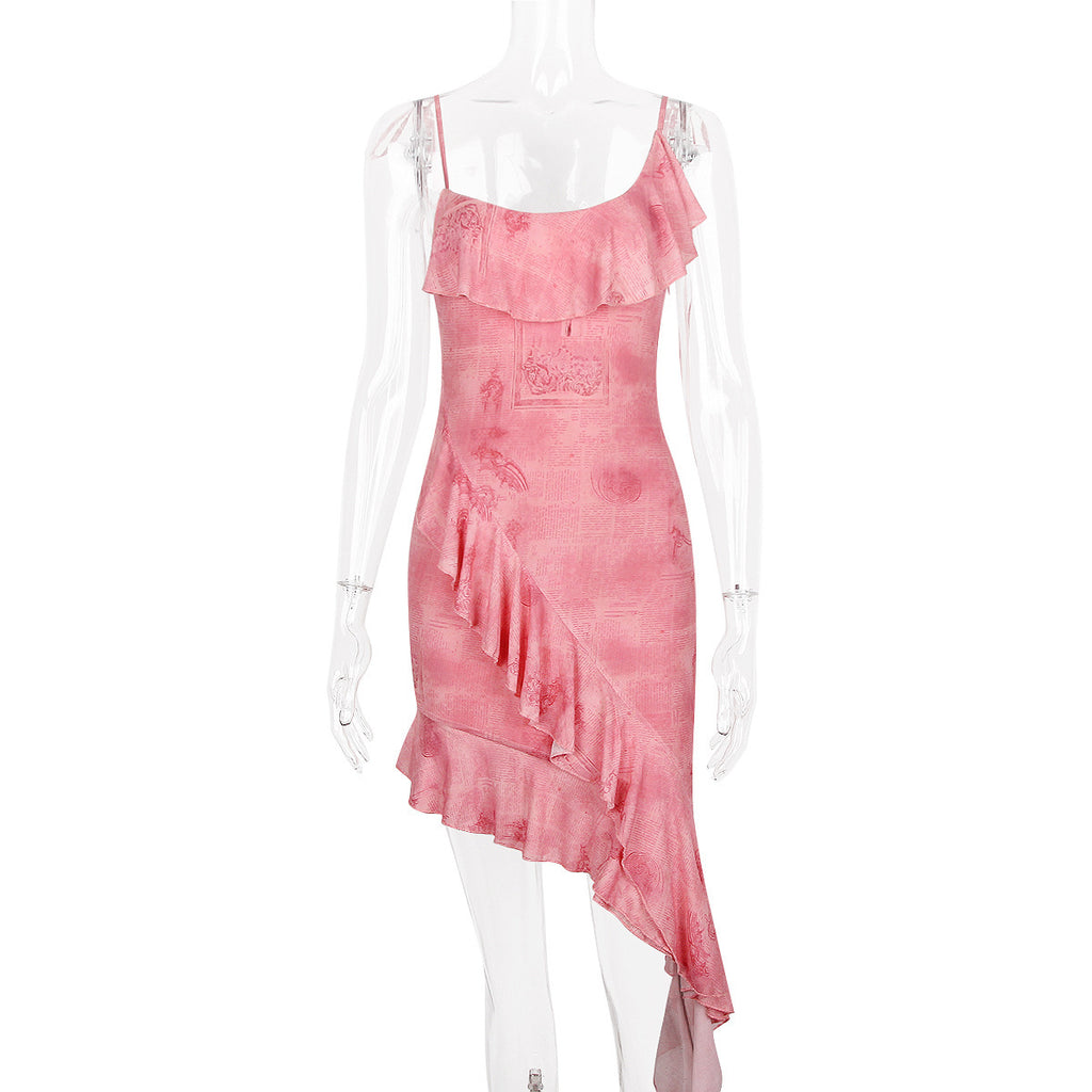 Printed Mesh Fashion Irregular Spaghetti-strap Dress - ANIBEY