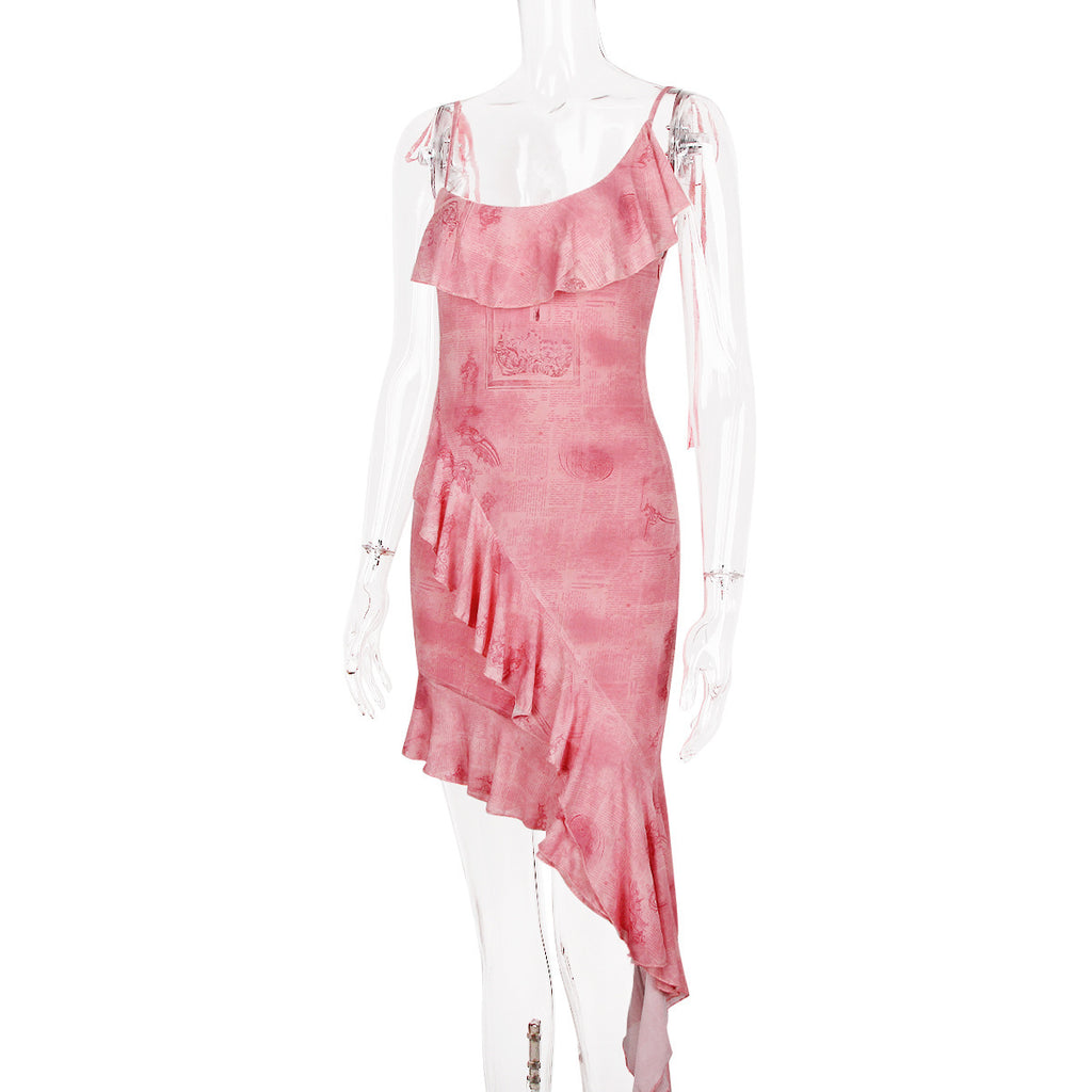 Printed Mesh Fashion Irregular Spaghetti-strap Dress - ANIBEY