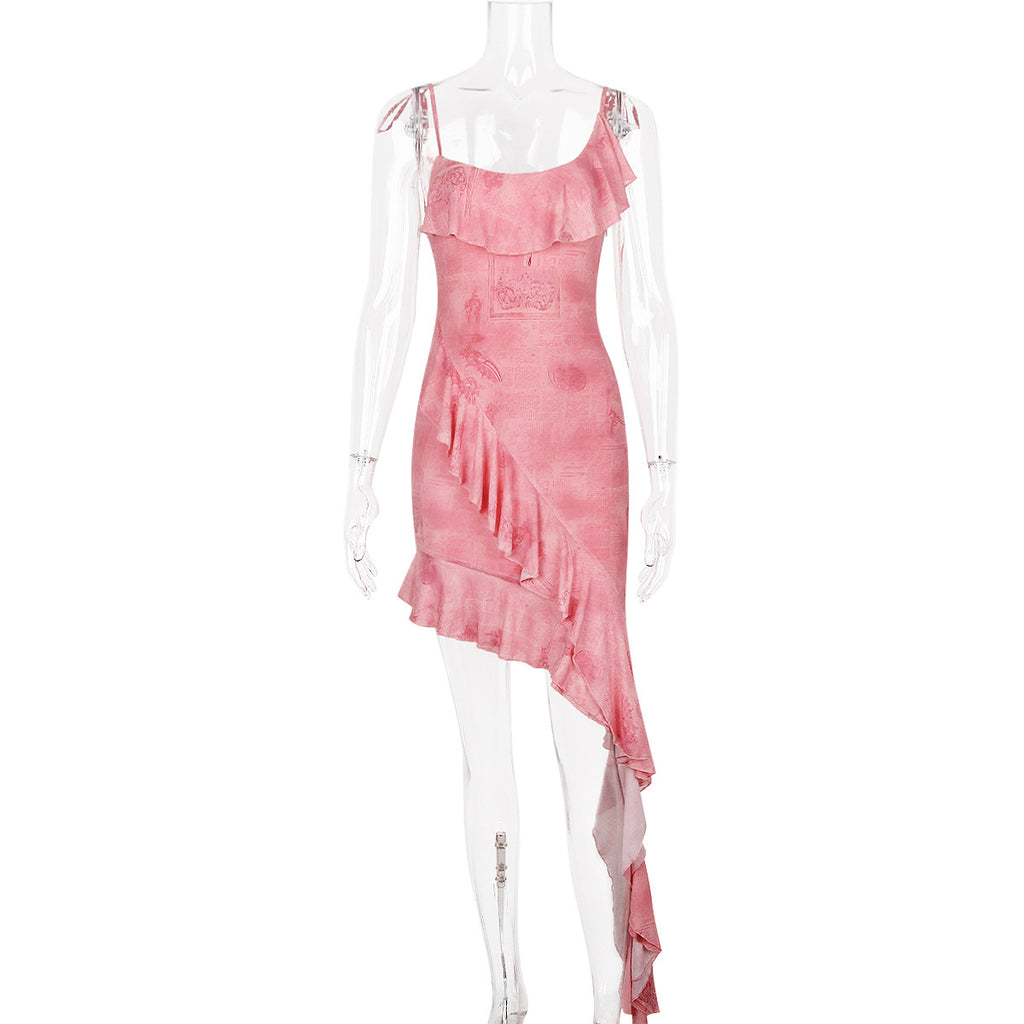 Printed Mesh Fashion Irregular Spaghetti-strap Dress - ANIBEY