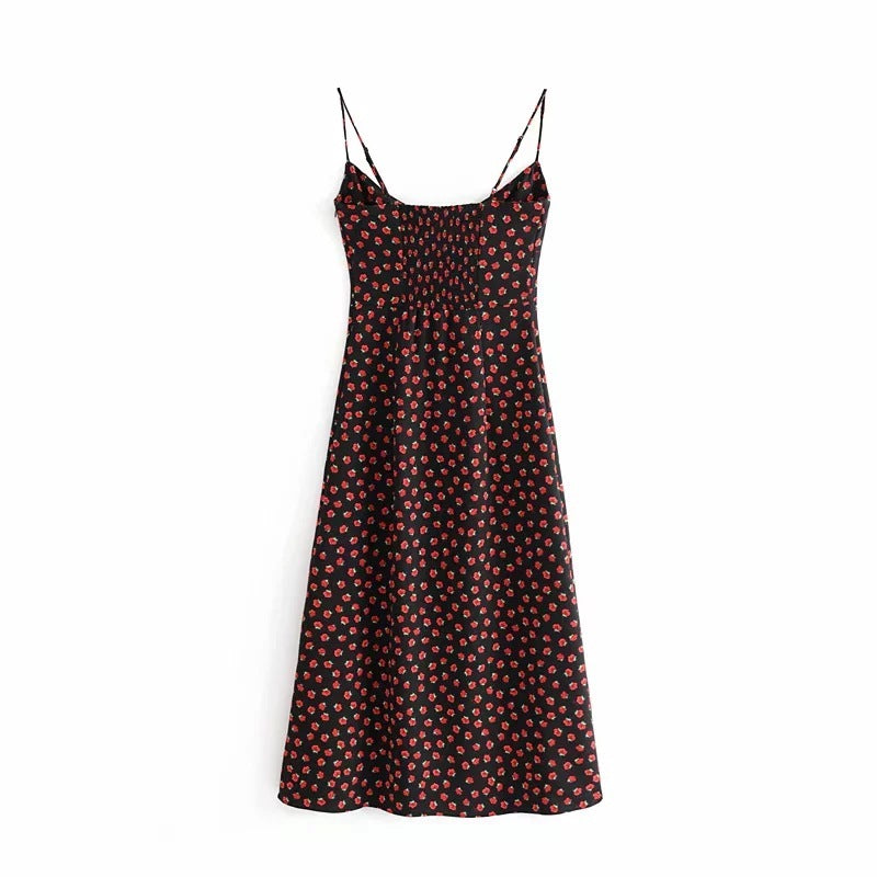 Retro Black Floral Slim-Fit Lace-Up Suspender Dress - ANIBEY