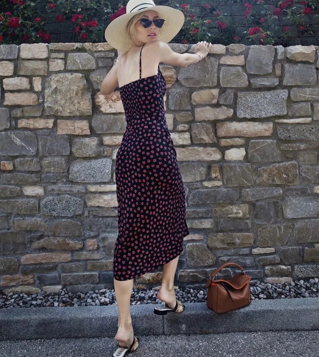 Retro Black Floral Slim-Fit Lace-Up Suspender Dress - ANIBEY