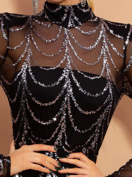 Sequins Women Maxi Dresses Long Sleeve Female Party Dresses - ANIBEY