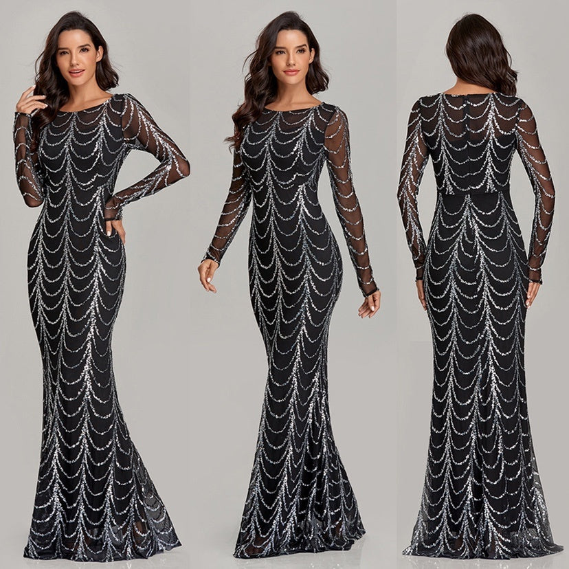 Sequins Women Maxi Dresses Long Sleeve Female Party Dresses - ANIBEY