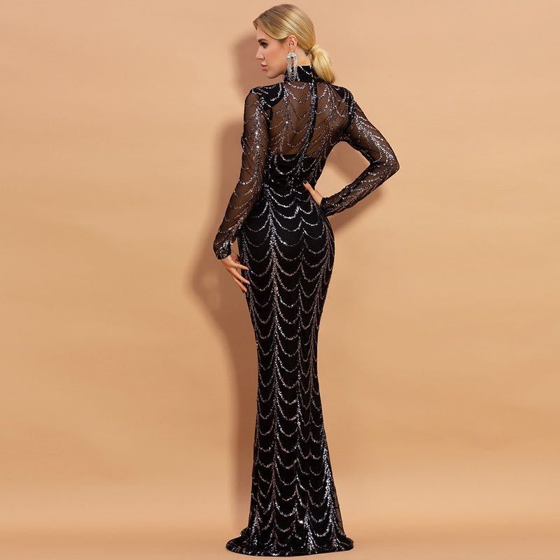 Sequins Women Maxi Dresses Long Sleeve Female Party Dresses - ANIBEY