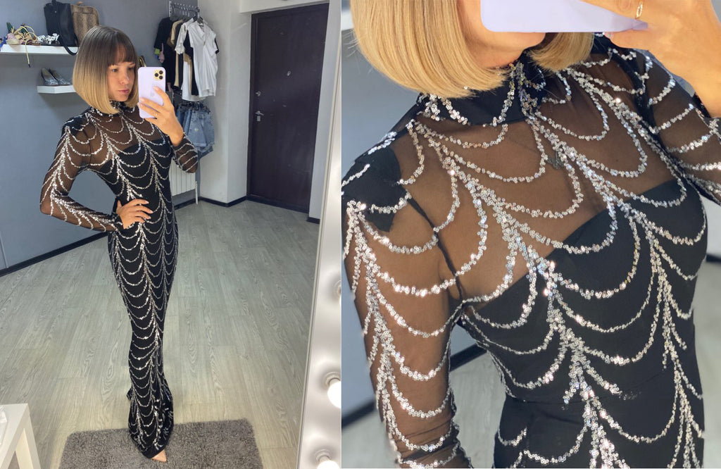 Sequins Women Maxi Dresses Long Sleeve Female Party Dresses - ANIBEY