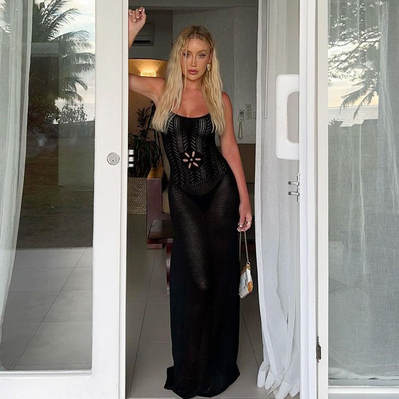 Sexy Backless Knitted Sweater With Suspenders Hollow Sheath Dress - ANIBEY