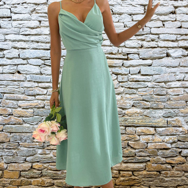 Sexy V-neck Strap Slit Fashionable Slim Dress - ANIBEY