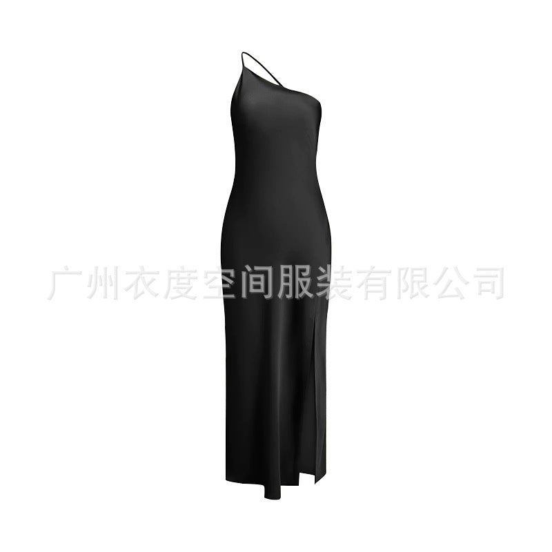 Slim-fit Shoulder Solid Color Backless Long Dress - ANIBEY