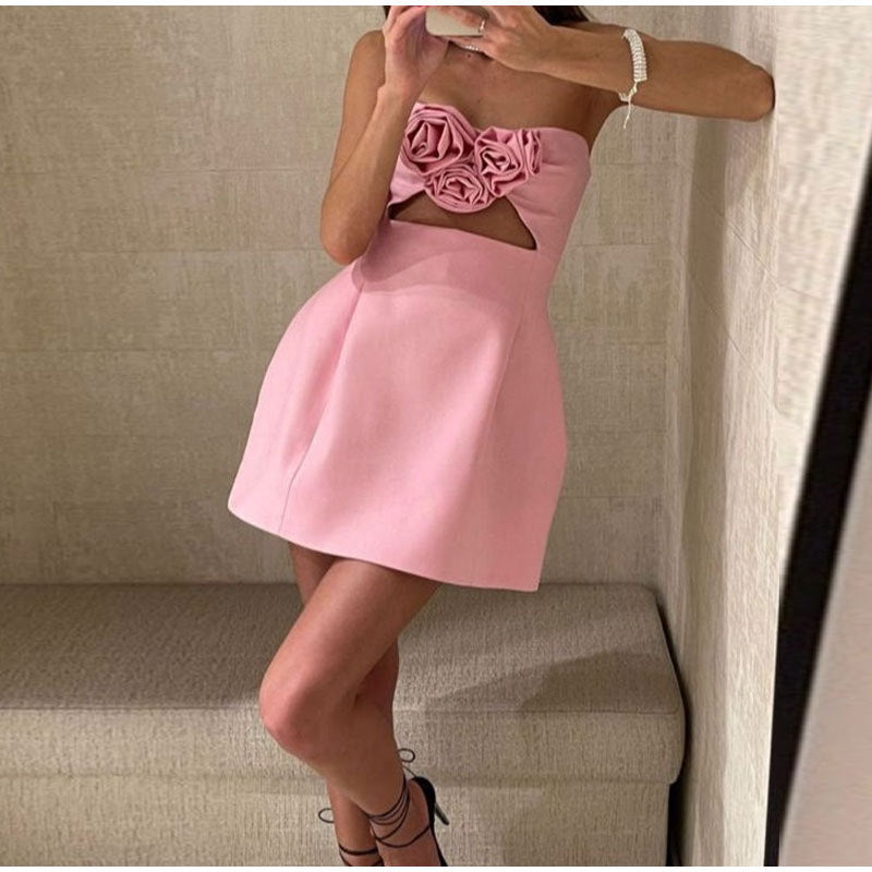 Solid Color 3D Flower Decoration Tube Top Mini Dress - ANIBEY
