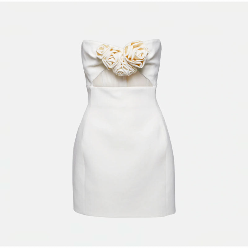 Solid Color 3D Flower Decoration Tube Top Mini Dress - ANIBEY