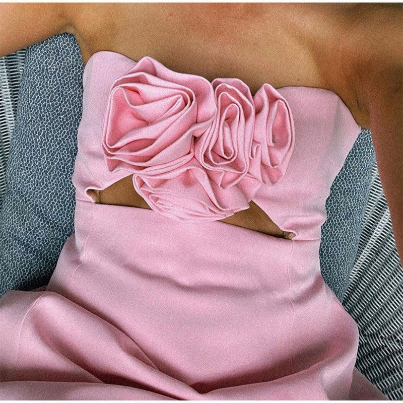 Solid Color 3D Flower Decoration Tube Top Mini Dress - ANIBEY