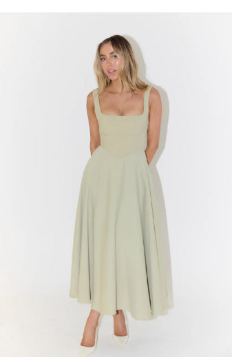 Solid Color Shoulder Strap Slim Fit Mid-length Dress - ANIBEY