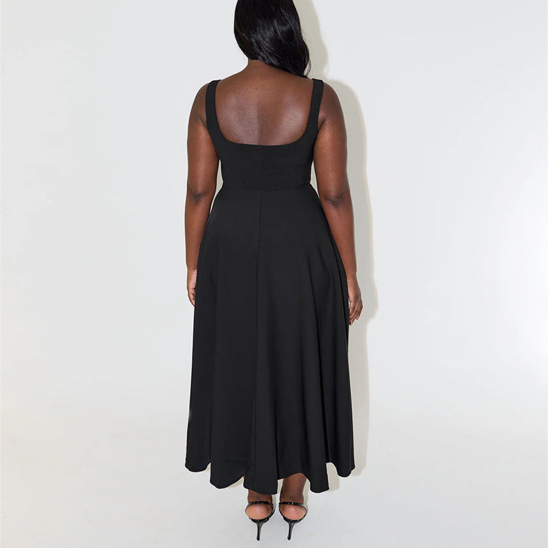 Solid Color Shoulder Strap Slim Fit Mid-length Dress - ANIBEY