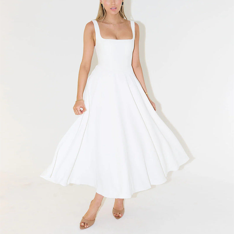 Solid Color Shoulder Strap Slim Fit Mid-length Dress - ANIBEY