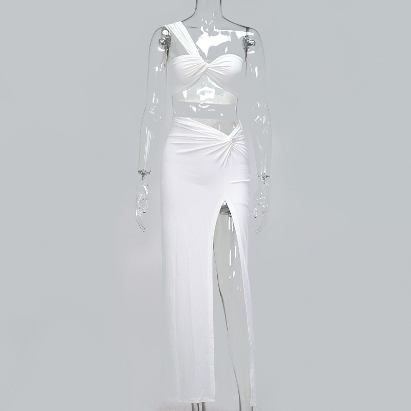 Temperament Elastic Tube Top Irregular Top + Twisted Slit High Waist Skirt Suit Y - ANIBEY