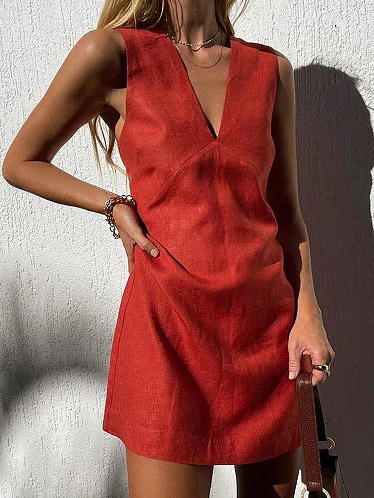 V-neck Cotton And Linen Sleeveless Dress Women's Solid Color Vest Short Skirt - ANIBEY
