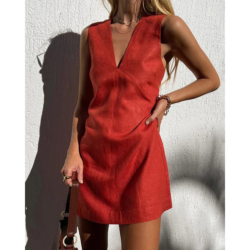 V-neck Cotton And Linen Sleeveless Dress Women's Solid Color Vest Short Skirt - ANIBEY