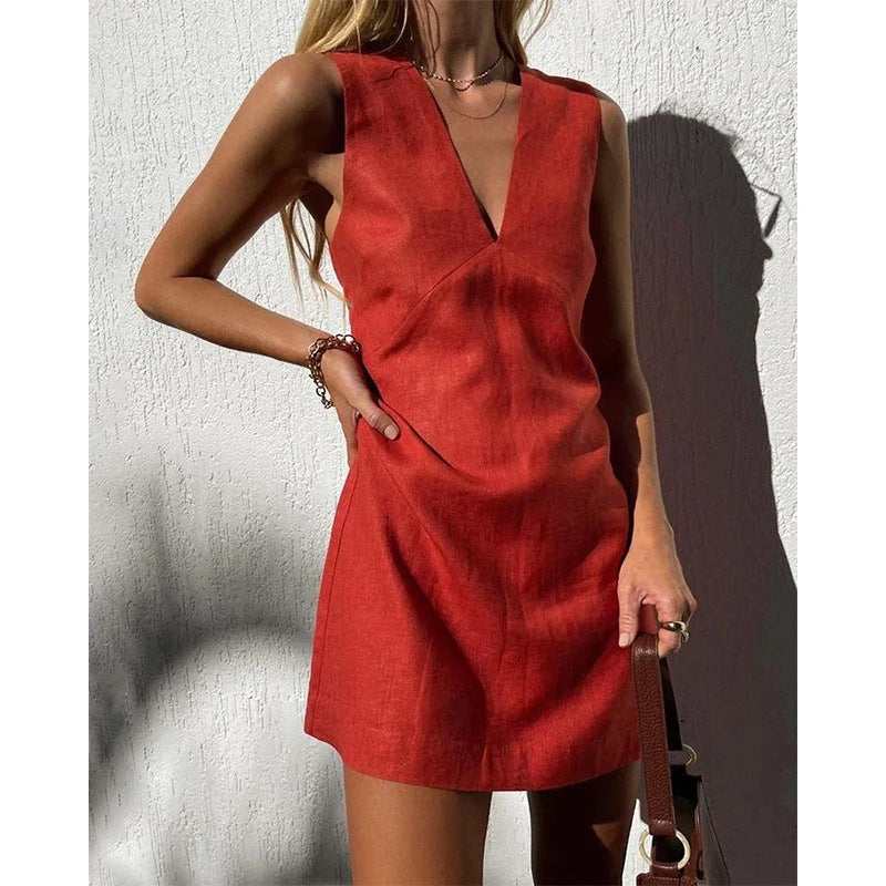 V-neck Cotton And Linen Sleeveless Dress Women's Solid Color Vest Short Skirt - ANIBEY