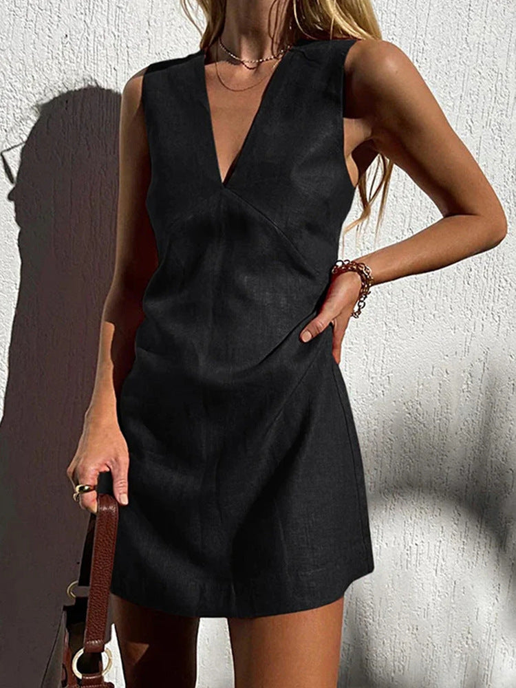 V-neck Cotton And Linen Sleeveless Dress Women's Solid Color Vest Short Skirt - ANIBEY