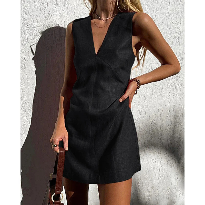 V-neck Cotton And Linen Sleeveless Dress Women's Solid Color Vest Short Skirt - ANIBEY