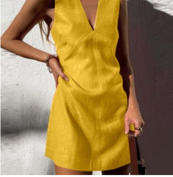 V-neck Cotton And Linen Sleeveless Dress Women's Solid Color Vest Short Skirt - ANIBEY