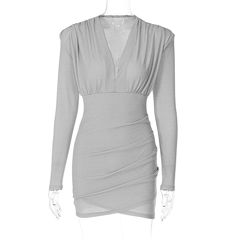 V-Neck Pleated Shoulder Long Sleeve Dress - ANIBEY